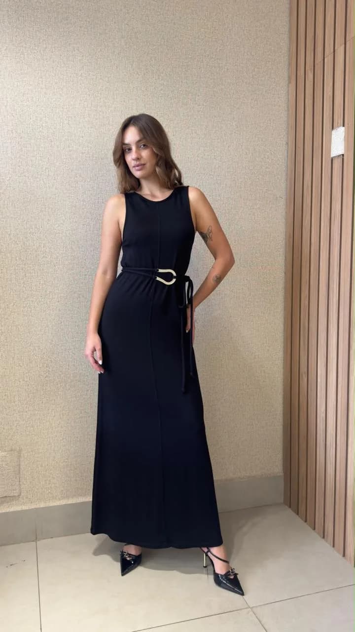 Vestido regata pesponto liso com cinto preto tamanho p